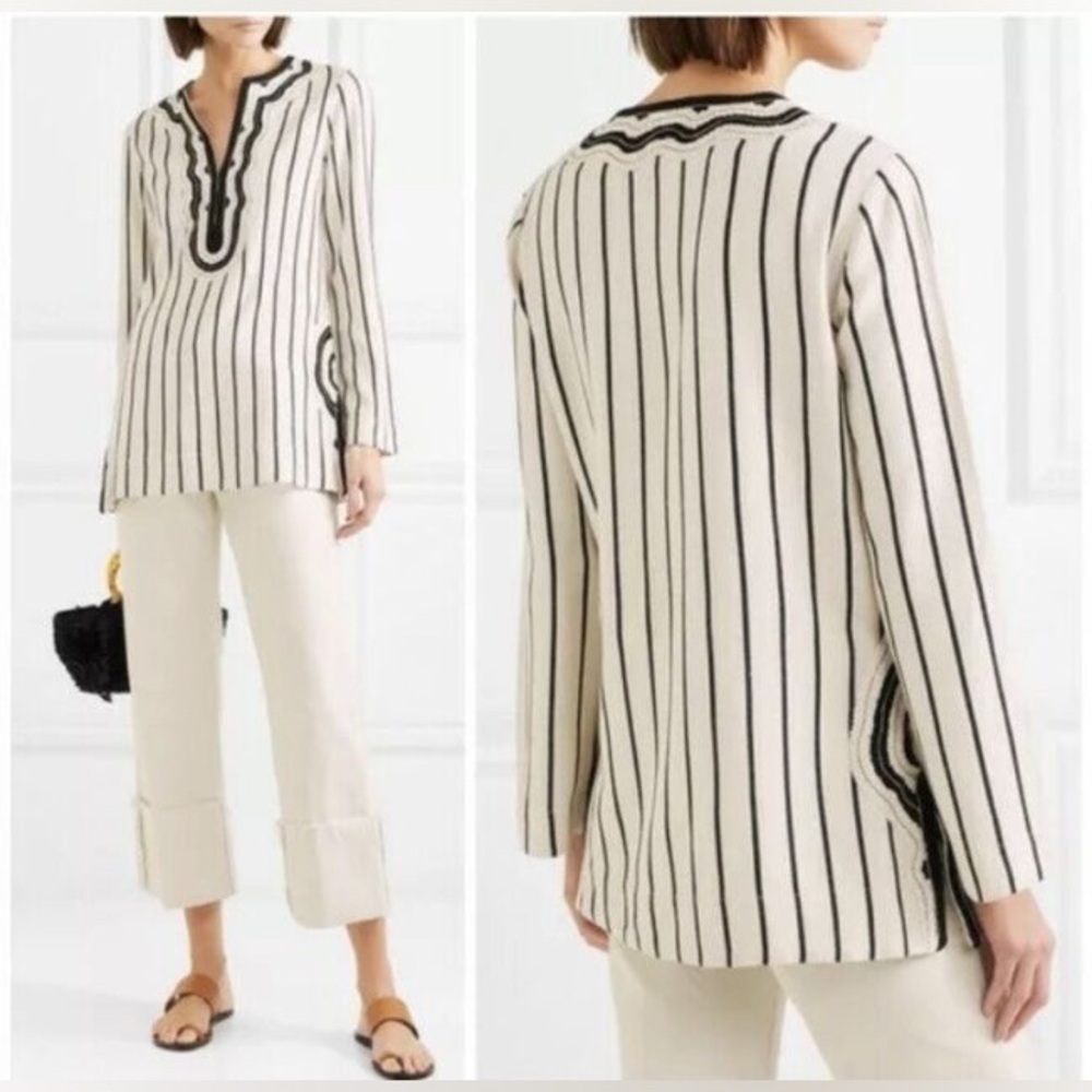 NWT Tory Burch Ivory Black Filipa Rayon Slub Stripe Tunic 4 - Picture 2 of 14